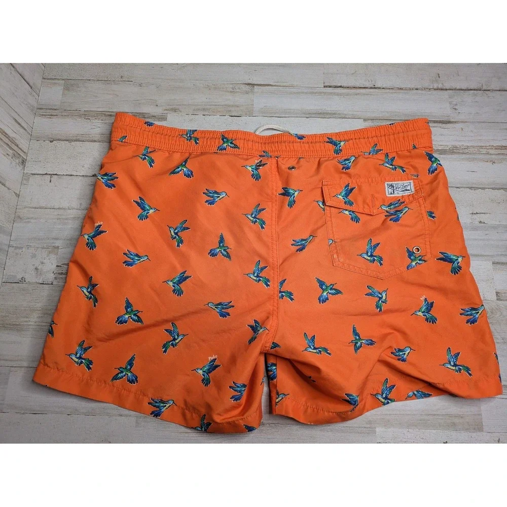 Polo Ralph Lauren Swim Trunks Mens M Hummingbird Print Orange Drawstring Beach